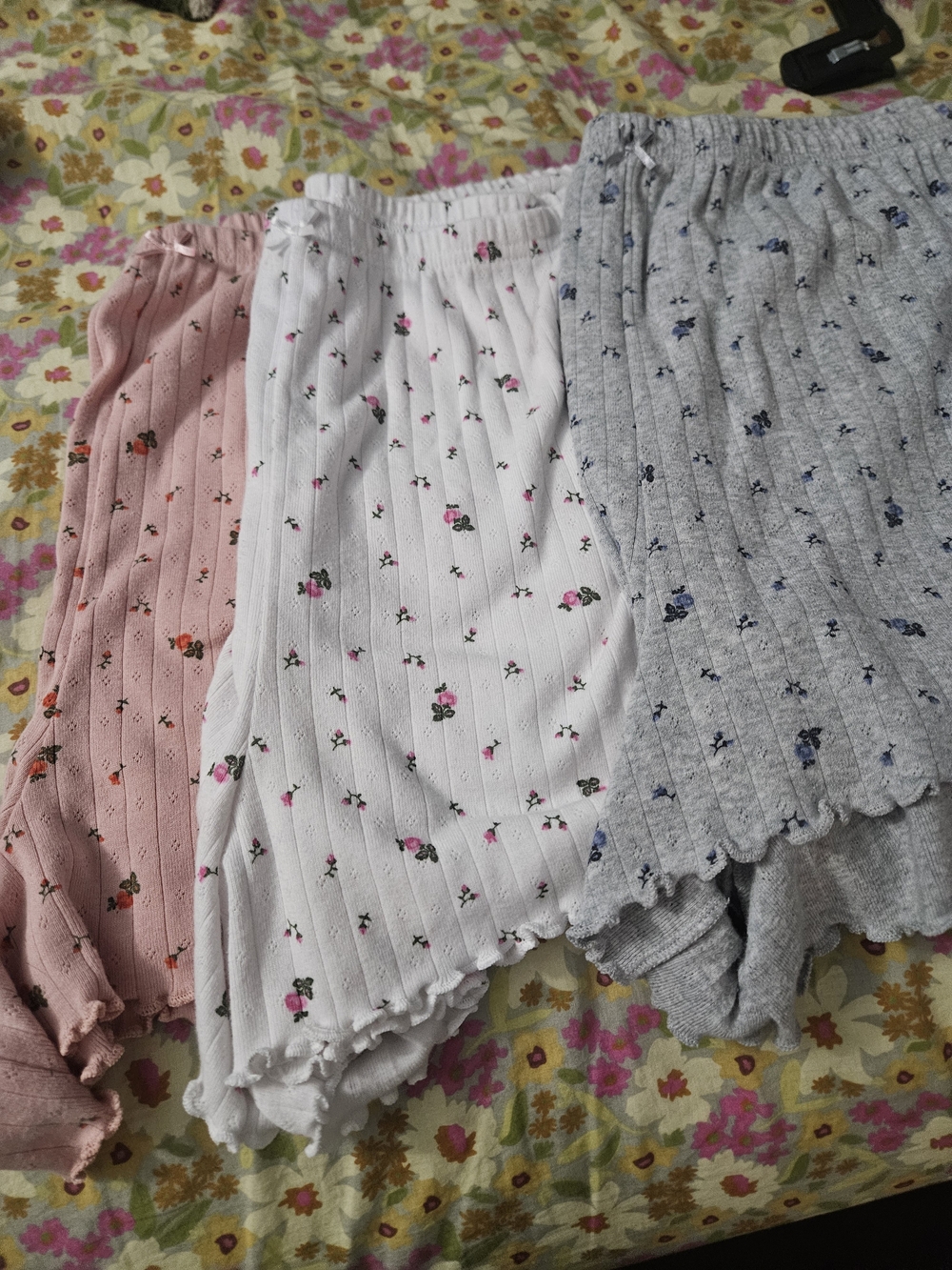 Aerie Floral Ribbed Knit Lounge Shorts Trio - Pink, White & Gray